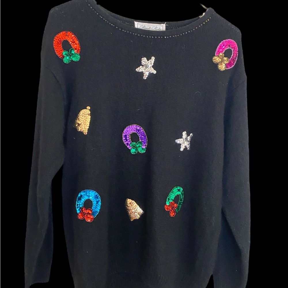 Festive Black Sweater with Colorful Sequin Designs. Best for Christmas too.